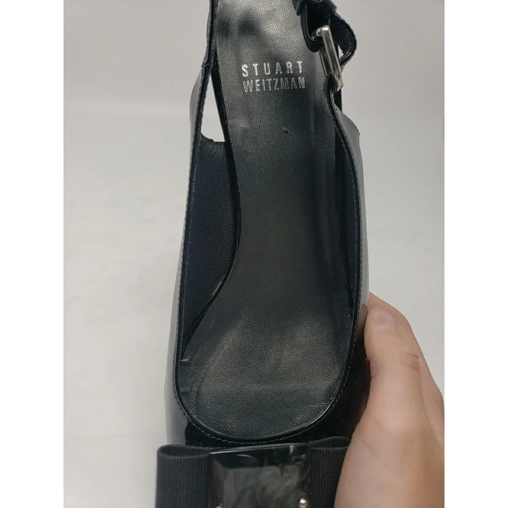 Stuart Weitzman Women's Black Patent Open Toe Strap Closure 1.5